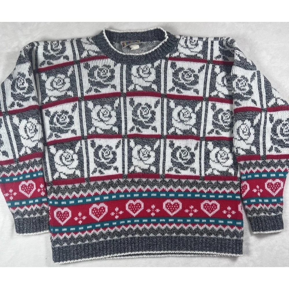 Vintage Hot‎ Cashews Sweater Womens Medium Multicolor Rose Heart Knit USA 80s